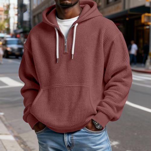 Mens Hoodies Pullover Casual Long Sleeve Drawstring Waffle Knit Hooded Sweatshirt With Pocket S-5Xl