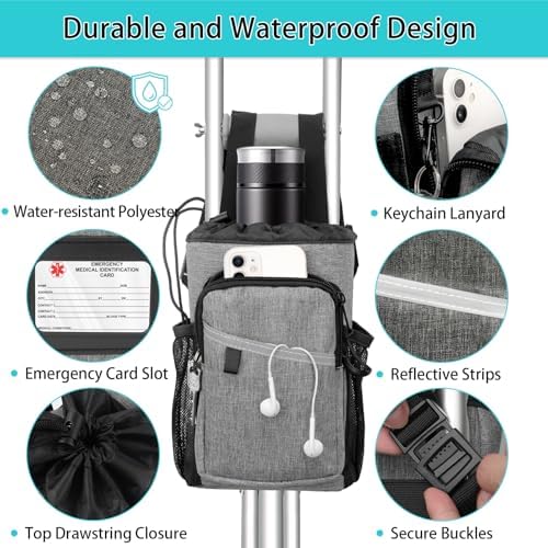 Crutch Accessories Bag Pouch, Water-Resistant Premium Zipper Pouch with Drink Holder, Lightweight Crutches Caddy Storage Tote Crutch Purse for Adults Men, Women