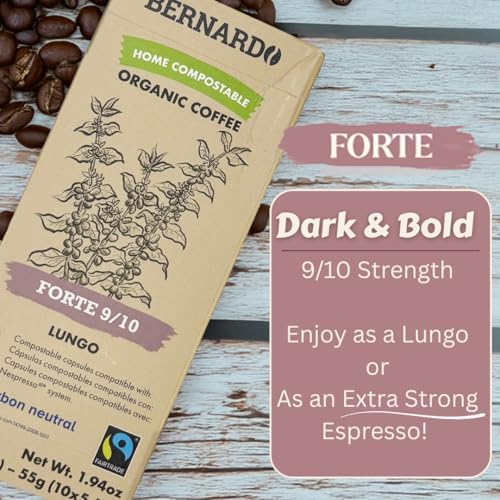 Bernardo FORTE Lungo Biodegradable Capsules Compatible with Nespresso Original Line, Intensity 9/10, USDA Organic, Home Compostable Capsules. 30 Count (3 Boxes of 10 Lungo Pods)