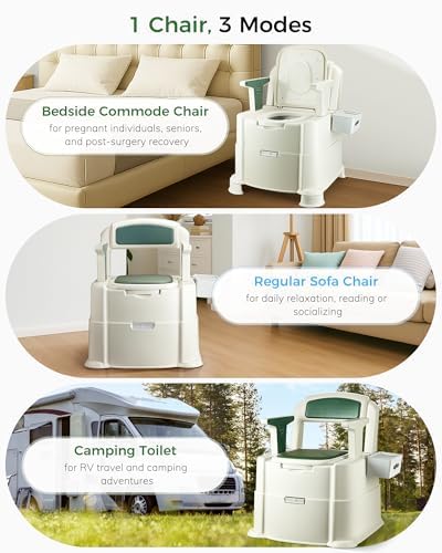 Bedside Commode, 880lbs Heavy Duty & Upgraded Commode Toilet Potty Chair, Portable Camping Toilet, Detachable Armrests, Automatic LED Light, 2-Level Height, 3 Rolls of Commode Liners 【Green】