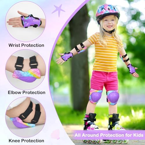 FIODAY Knee Pads for Kids Adjustable Kids Knee Pads and Elbow Pads with Wrist Guard for Girls Roller Skates Cycling Bike Skateboard Scooter Knee Pads, 3-8 Years,Rainbow Mermaid