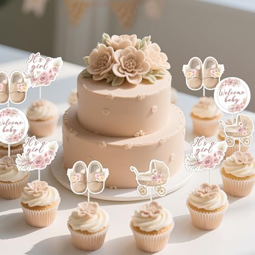 Boho Floral Baby Shower Decorations for Girl 36Pcs Boho Baby Shower Cupcake Toppers Pampas BabyShower Decoration Pink Floral Pampas Grass It's A Girl Cupcake Topper for Pregnancy Celebration