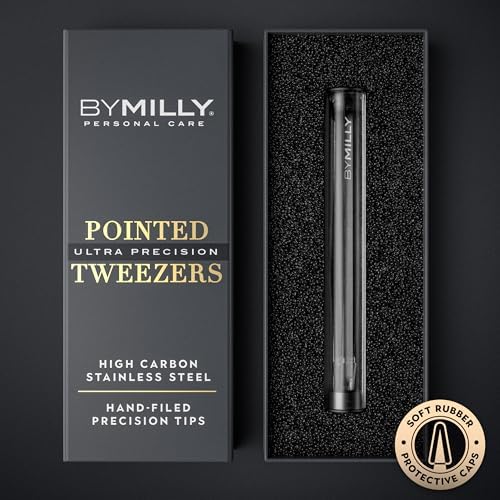 Pointed Tweezers | High Carbon Stainless Steel Needle Nose | Fine Point Precision Hair Removal | Perfectly Aligned & Hand-Filed Sharp | Black