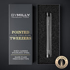 Pointed Tweezers | High Carbon Stainless Steel Needle Nose | Fine Point Precision Hair Removal | Perfectly Aligned & Hand-Filed Sharp | Black