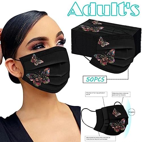 50pcs Black Disposable Face Masks, Masks with Butterfly Printed, 3-Ply Full Protection for Women Men Teen Girls
