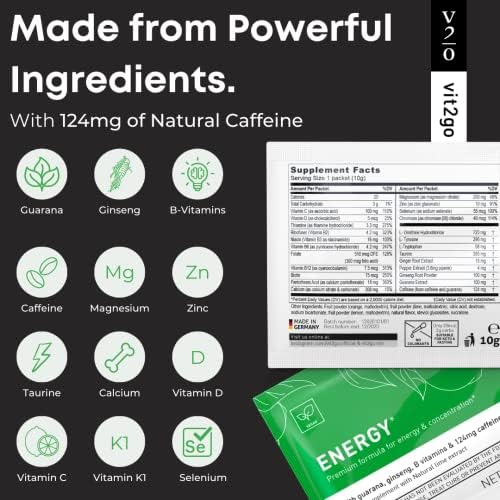 Natural Energy Drink Mix - 124mg Caffeine from Ginseng & Guarana | Sugar-Free, No Crash Pre-Workout Powder | B Vitamins, Magnesium & Zinc | Focus & Performance | Keto, Vegan | 25 Portions