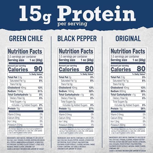 Wild River Beef Jerky Variety Pack, Old Fashioned 100% Beef Jerky, Gluten Free - 2 Green Chile, Black Pepper, Original - Perfect Hunting Trip Meat Snack with 15g of Protein, 3.5 Ounce (Pack of 4)