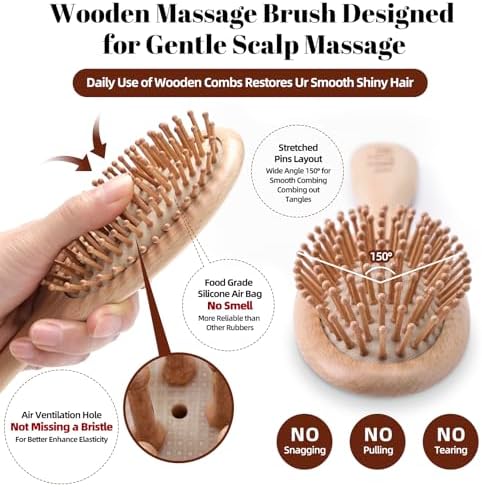 Wooden Hair Brush and Comb, One-piece Design, Reduce Frizz and Static, Massage Scalp, Detangling Paddle Hairbrush for Women, Girls, Kids, Includes Cleaning Claw, 5 Wood Bristles