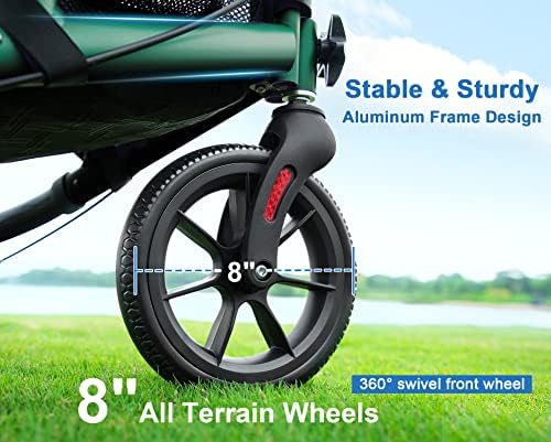 WALK MATE 3 Wheel Rollator Walker with Seat for Slim Seniors, Padded Backrest Lightweight Foldable Travel Walker Ideal for Elderly, 8 Inch Tri-Wheel Modern Mobility Walking Aid Aluminum, Green