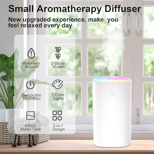 400ml Small Diffuser - Small Oil Diffuser for Desk, Portable Mini Humidifier Aromatherapy Diffusers with 2 Spray Modes, Waterless Auto-Off Essential Oil Diffusers with 7-Color Night Light for Bedroom