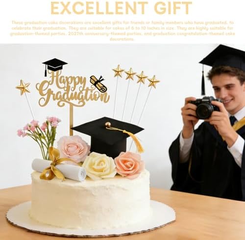 12PCS Graduation Cake Topper Set, Class of 2026 Grad Cap & Diploma Decor Kit with Flowers, Star Picks & "Happy Graduation" Sign fits 6-10 Inch Cakes, Decorations for Grad Party