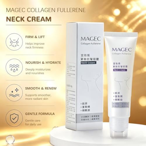 Magic Collagen Fullerene Neck Cream, Tighten and Lift Firming Neck Cream for Crepey Skin, Collagen Neck Cream with Five Rollers, Reduces Wrinkles and Double Chin (1pcs)