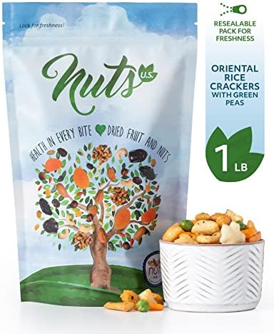 NUTS U.S. - Oriental Rice Crackers With Green Peas | Non-GMO and Cholesterol Free | Vegan | Soy and Chili Flavor | Crunchy Baked Snacks | Packed in Resealable Bag (1 LB)