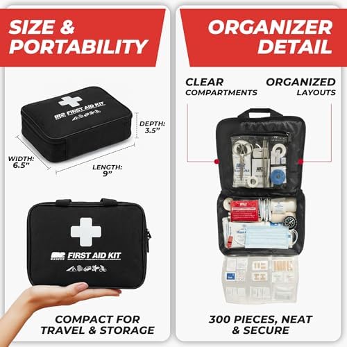 M2 BASICS 300 Piece First Aid Kit, 40 Items, Compact Emergency Medical Kit with Durable Carry Bag for Home, Car, Travel, Office, Camping