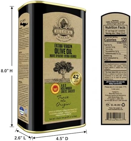 Ellora Farms Olive Oil Extra Virgin, Certified Single Estate PDO, High Polyphenol Extra Virgin Olive Oil, Cold Pressed & Traceable EVOO, Kosher, Crete, Greece 33.8 Fl oz (1 Ltr)