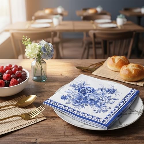 Chinoiserie Blue Floral Paper Napkins Disposable Party Napkins Paper Dinner Napkins 2-ply/33x33cm (20-Count)