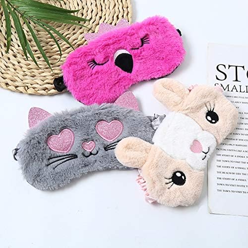 4 Pack Sleeping Mask for Girls Soft Plush Blindfold Cute Rabbit Pig Flamingo Cat Sleep Masks Eye Cover Eyeshade for Kids Teens Women Plane Travel Nap Night Sleeping
