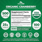 Zazzee USDA Organic Cranberry 25:1 Extract, 500 mg per Capsule, 100 Vegan Capsules, 3+ Month Supply, Certified Kosher, Vaccinium Macrocarpon, Urinary Tract & Bladder Support, Non-GMO, Made in the USA