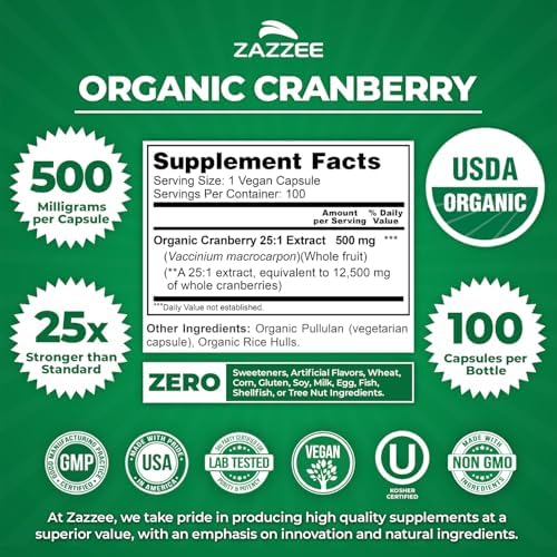 Zazzee USDA Organic Cranberry 25:1 Extract, 500 mg per Capsule, 100 Vegan Capsules, 3+ Month Supply, Certified Kosher, Vaccinium Macrocarpon, Urinary Tract & Bladder Support, Non-GMO, Made in the USA