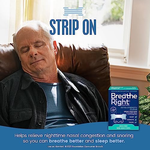Breathe Right Nasal Strips, Extra Strength Clear Nose Strips, Drug-Free Nasal Congestion Relief for Better Breathing, Help Relieve Snoring, Caused by Colds & Allergies, Deviated Septum, 44ct