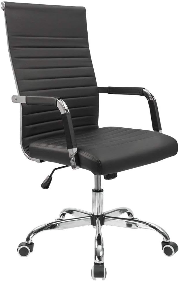 Furmax Ribbed Office Desk Chair Mid-Back PU Leather Executive Conference Task Chair Adjustable Swivel Chair with Arms (Black)