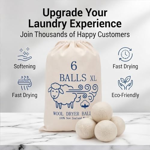 Premium XL Wool Dryer Balls 6 Pack - 100% Organic New Zealand Wool - Reusable Natural Fabric Softener - Reduces Wrinkles & Shortens Drying Time - XL Jumbo Size Set of 6