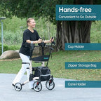 ELENKER Upright Walker, Stand Up Folding Rollator Walker with 10” Front Wheels Backrest Seat and Padded Armrests for Seniors and Adults, Silver