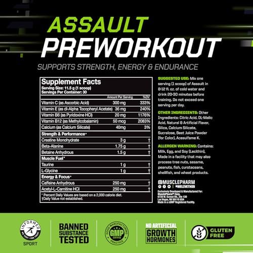 MusclePharm Assault Pre Workout Powder for Men & Women – Energy & Strength Boost Pre-Workout Supplements with Beta Alanine, Caffeine, Creatine & Betaine Anhydrous – 30 Servings, Fruit Punch Flavor