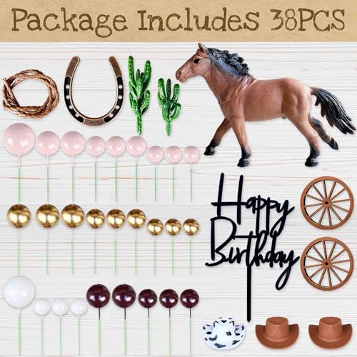 38 PCS Horse Birthday Cake Decorations，Horse Topper for Cake Set with Happy Birthday Sign Cowboy Western Cake Decor