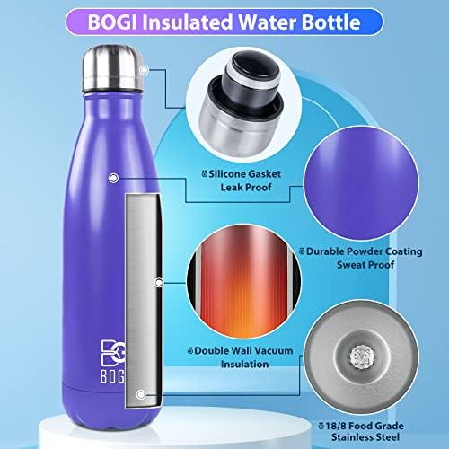 BOGI 17oz Insulated Water Bottle Double Wall Vacuum Stainless Steel Water Bottles, Leak Proof Metal Sports Water Bottle Keeps Drink Hot and Cold - Perfect for Outdoor Sports Camping Biking (Purple)