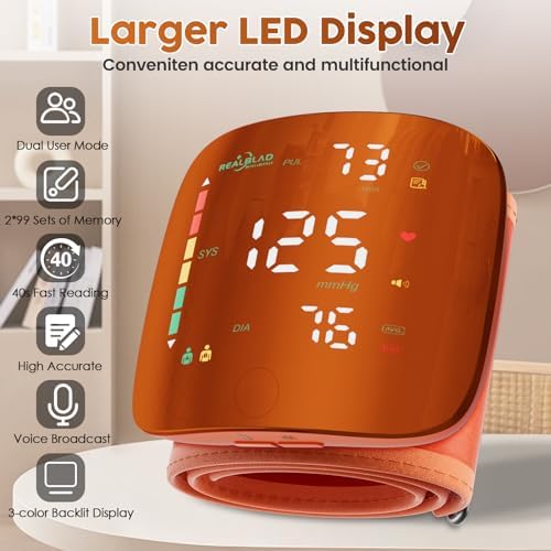 Wrist Blood Pressure Monitor with Led Touch Screen -Adjustable Wrist Blood Pressure Cuff from 5.1 inches to 9.3 inches,Rechargeable Wrist bp Monitor with 99x2 Reading Memory and Carrying Case(Orange)