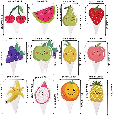 Honbay 36PCS Paper Fruit Cupcake Toppers Birthday Watermelon Lemon Strawberry Bananas Pineapples Oranges Grapes Cake Toppers for Birthday Wedding Party Summer Decoration (12 Styles)