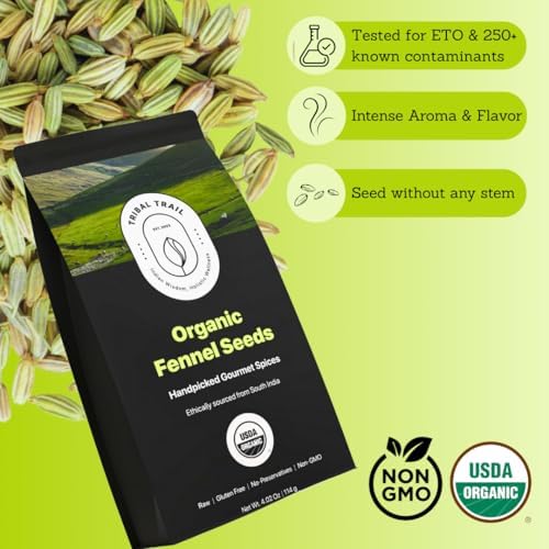 Tribal Trail Fennel Seeds Organic | 4.02 oz | USDA Organic & Non-GMO | Recyclable Kraft Bags | Best for Tea, Smoothies & Cooking | Ethically Sourced Spices from South India
