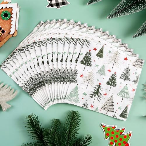 Quera 50 Pack Christmas Paper Napkins Christmas Tree Green 6.5'' x 6.5" Disposable White Beverage Napkins Decorative Table Napkin for New Year Winter Dinner Merry Christmas Holiday Xmas Party Supplies