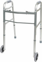 BodyMed Two Button Folding Walker with Wheels, Lightweight Mobility Aid with Foam Grips for Seniors and Adults, 300 lb. Maximum Weight Capacity