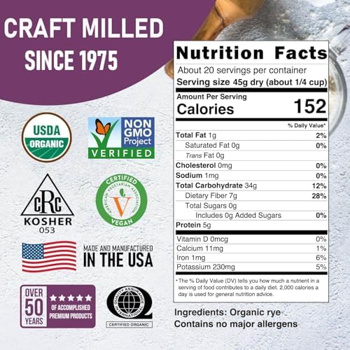Great River Organic Milling Organic Whole Grain Rye Berries | High-Fiber, Nutrient-Rich Ancient Grain | Non-GMO, Kosher | Ideal for Baking, Sourdough, Salads, Pilaf & Soups | 2 Lb