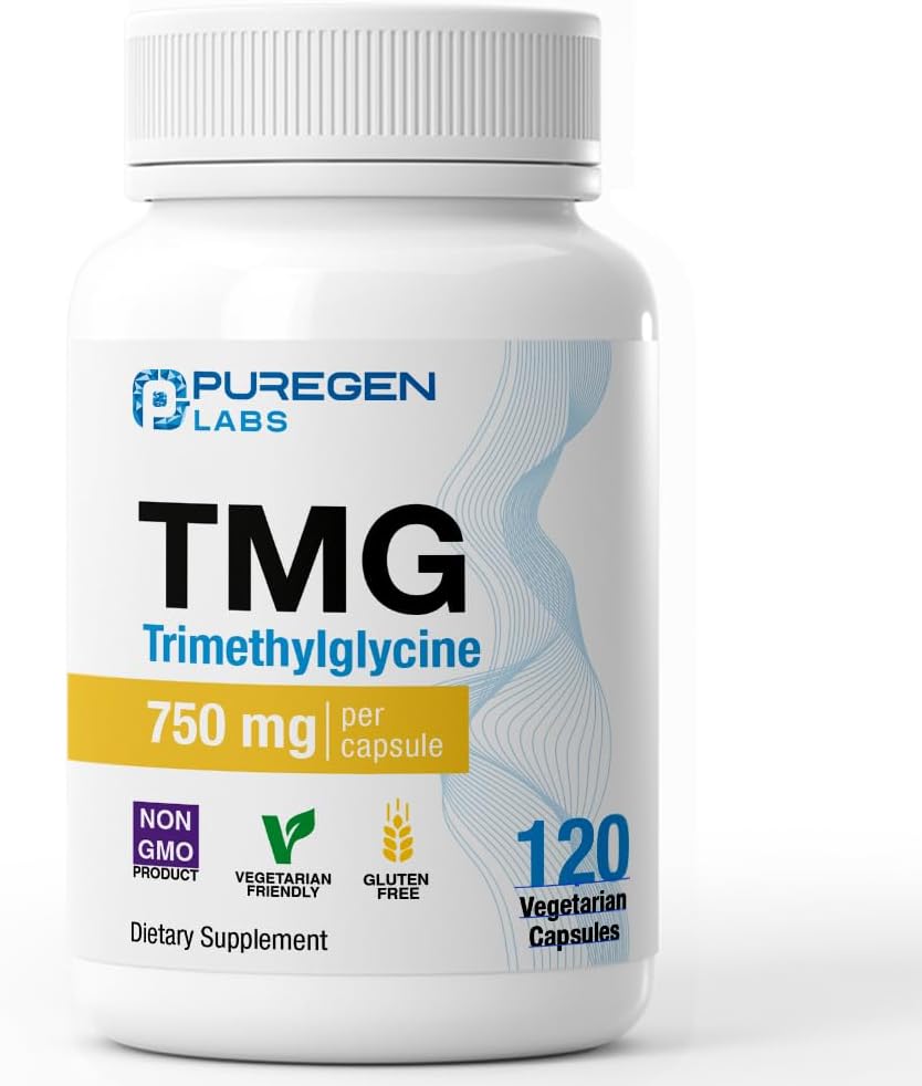 Puregen Labs TMG 750 mg – [High Potency] Trimethylglycine Supplement – Supports Normal Homocysteine Metabolism, Non-GMO, NO Gluten and Dairy - 120 Vegetarian Capsules