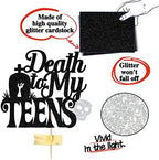 Black Glitter Death to My Teens Cake Topper, Time to Adult 18th Birthday Cake Decor, Old English Themed 16th/17th/18th/19th/20th/21st Birthday Party Decoragtions Supplies