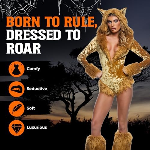 Sexy Lion Costume Adult Womens Halloween Costume: Lusty Lioness Scaredy Lion Bodysuit, Sexy Furry Animal Costume for Women