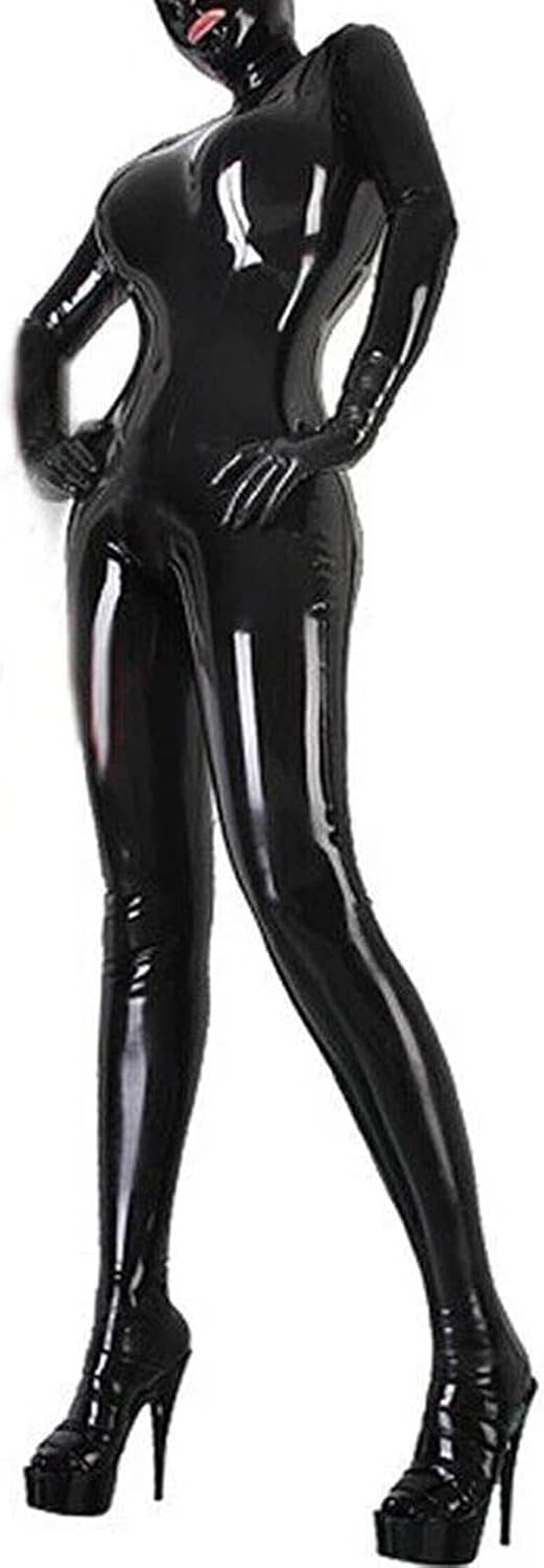 LESOYA Women Shiny Wetlook PVC Catsuit Leather Full Body Suit Zipper Bodysuit Attached Gloves
