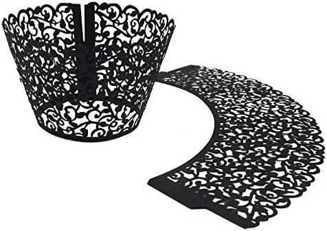 T-Language 50pcs Cupcake Wrappers Lace Cupcake Liners Laser Cut Artistic Bake Cake Paper Cups Muffin Paper Holders (Black)