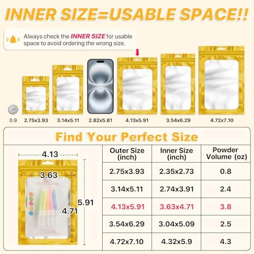 100 Pack Resealable Bags, Resealable Packaging Mylar Bags, Heat Seal Bag with Frosted Clear Window, Foil Pouch Smell Proof Zipper Bag for Food Storage (Golden, 4.13 x 5.91)