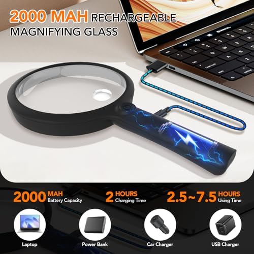 2000mAh Rechargeable Magnifying Glass with Light, 5X/10X Large Handheld Lighted Magnifier, 24 LEDs, 3 Light Modes, Reading Aid for Seniors & Low Vision (Black)