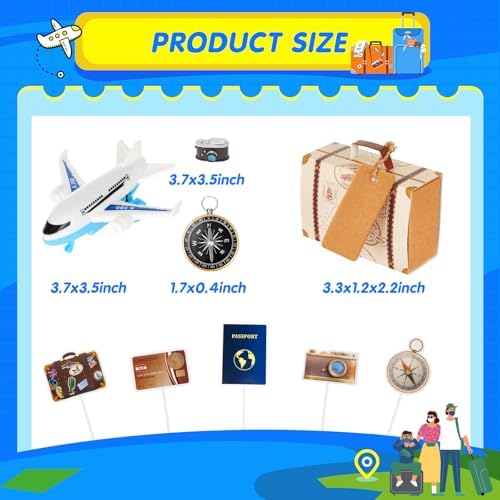 24 Pcs Travel Cake Topper Decorations Let The Travel Around The World Theme Cupcake Toppers Mini Suitcase Airplane Cameras Miniature Compass for Journey Birthday Decorations