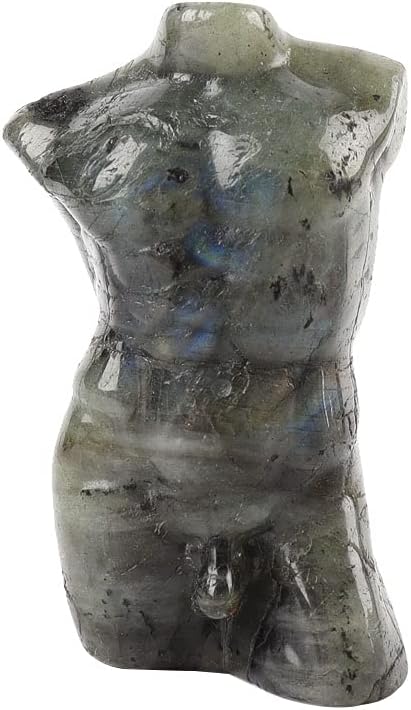 3.45‘’ Natural Quartz Carving Male Model3.45'' Body Rose Crystal Labradorite Sculpture Energy Healing Stone Stand, Pocket Crystal Figurine Decoration (Labradorite)