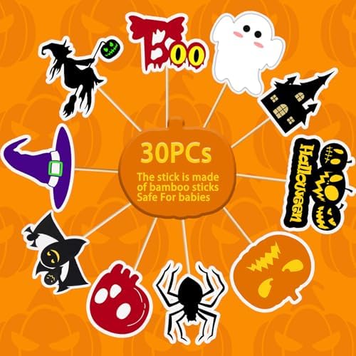30pcs Halloween Cupcake Toppers Pumpkin Little Ghost Skull Cupcake Toppers Picks for Kids Baby Shower Birthday Halloweens Theme Party Decorations Supplies (Halloween)