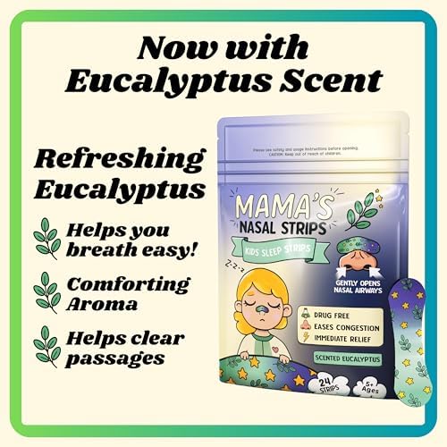 Mama's Eucalyptus Kids Nose Strips for Breathing - Hypoallergenic and Soft, Nasal Strips for Snoring - Nose Tape for Nasal Congestion Relief - Clean, Safe Snore Stopper for Sleep - 24 Count, 5+ Ages
