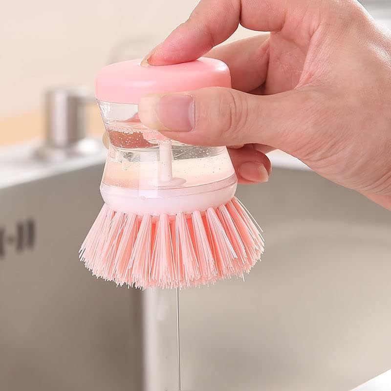 2Pcs Kitchen Dishwashing Brushes with Liquid Soap Dispenser Household Pot Bowl Cleaning Scrubber Washing Accessories (pink-2pcs)