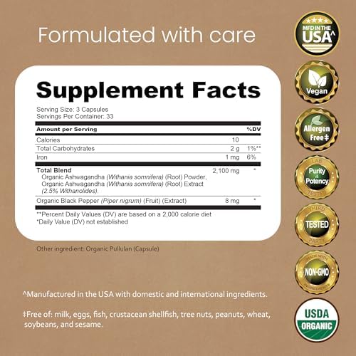NaturaLife Labs Organic Ashwagandha 2100 mg per Serving – Herbal Supplement Root Powder & Extract – 100 Capsules – Vegan, Non-GMO, Gluten-Free (2 Pack)