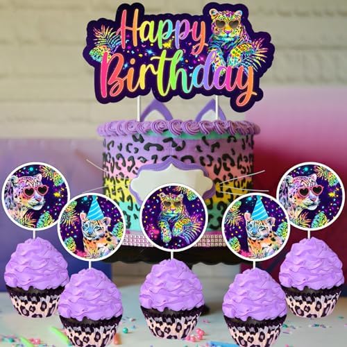 Cheereveal Rainbow Cheetah Cake Cupcake Toppers for Boys Girls - Leopard Print Cake Cupcake Picks, Jungle Safari Animal Birthday Party Decorations